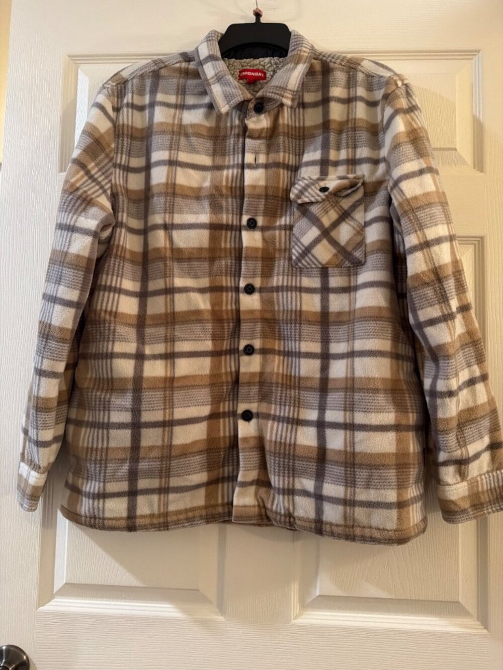 Unionbay Mens Sherpa-Lined Plaid Shirt Jacket Beige/Brown Large